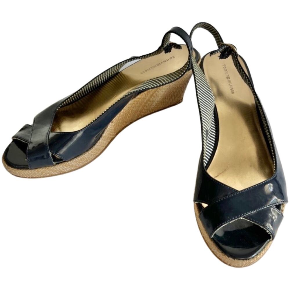 Tommy Hilfiger Navy Blue Patent Peep Toe Slingback Wedge Espadrille size 8.5 - Picture 2 of 7